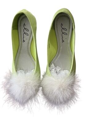 Ellie Lime Green Ballet Flats with White Feather Poms
